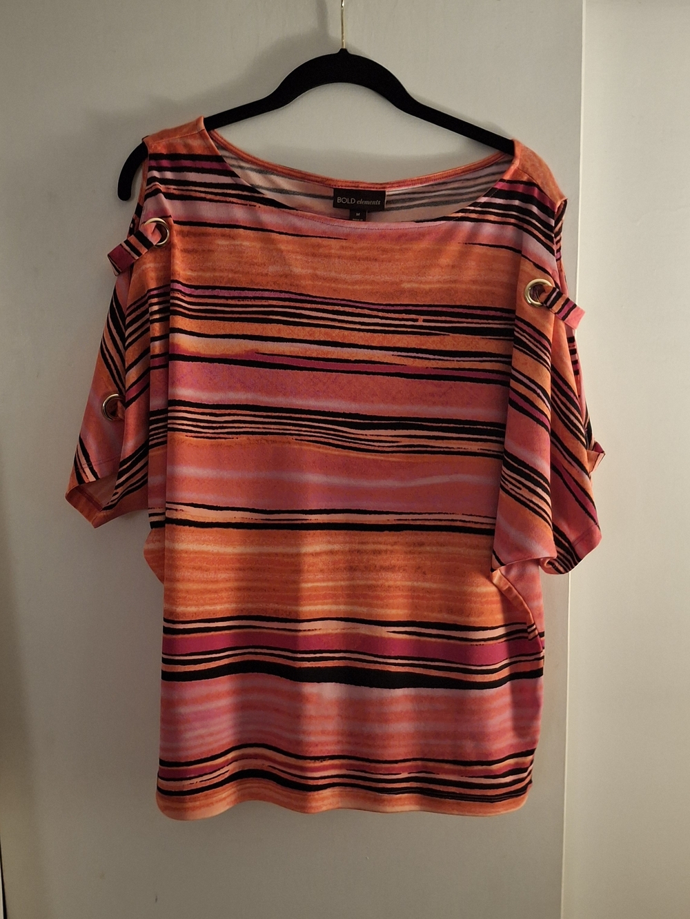 Bold Elements Women's Pink & Orange Striped Cold-Shoulder Top